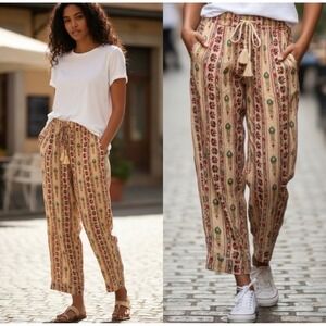 Haute Hippie Style Floral Stripe Boho Pants Cowrie Shell Tassel Cream Medium